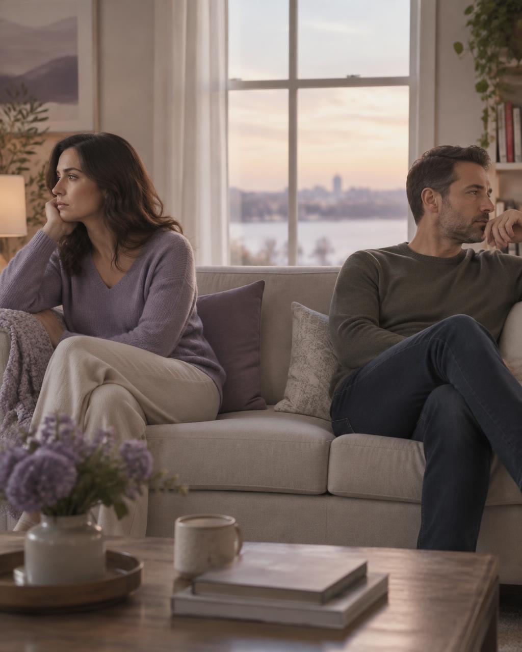 A couple sitting apart on a sofa by a window, each lost in thought